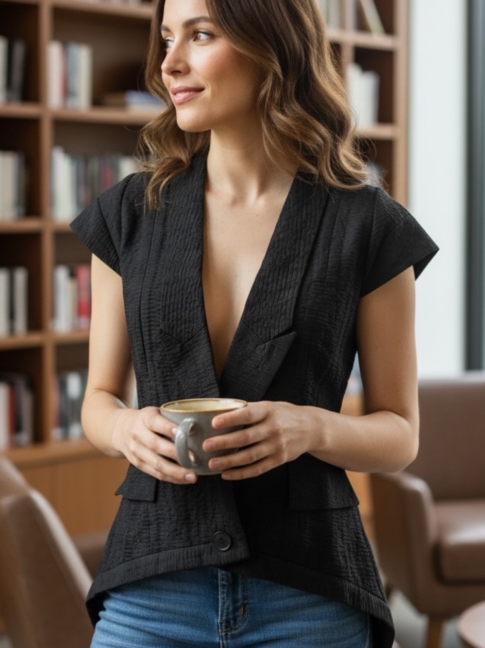 NWT Walter Baker Black Textured Cap-Sleeve Blazer/Vest Top